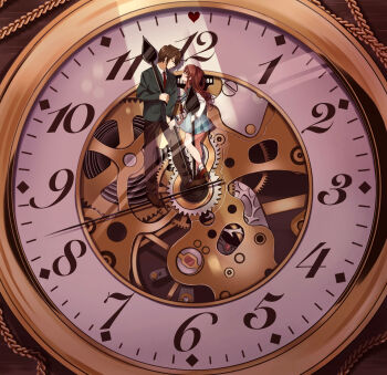 1boy 1girl 621_joker_123 absurdres analog_clock asahina_mikuru blazer blue_sailor_collar blue_skirt brown_hair brown_pants clock collared_shirt commentary_request green_jacket hetero highres jacket kita_high_school_uniform koizumi_itsuki long_hair long_sleeves necktie pants pleated_skirt red_necktie red_ribbon ribbon sailor_collar school_uniform serafuku shirt short_hair skirt suzumiya_haruhi_no_yuuutsu white_shirt winter_uniform