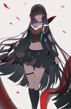 1girl absurdres arm_cutout black_choker black_hair black_jacket black_shirt black_skirt black_socks chisa_(wuthering_waves) choker closed_mouth clothing_cutout collarbone commentary crop_top hair_ribbon highres holding holding_sword holding_weapon jacket lany-yuyu-1097 long_hair looking_at_viewer md5_mismatch midriff navel neckerchief red_eyes red_neckerchief red_petals red_ribbon resolution_mismatch ribbon sailor_collar school_uniform serafuku shirt skirt socks solo source_smaller sword tacet_mark_(wuthering_waves) thigh_strap very_long_hair weapon white_sailor_collar wuthering_waves