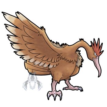 beak bird blaiddydsaurus brown_feathers fearow feathered_wings feathers full_body gen_1_pokemon highres logo nintendo no_humans pokemon pokemon_(creature) simple_background solo transparent_background watermark wings