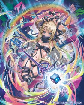 Rule 34 | 1girl, aqua eyes, arms up, aura, belt, belt bra, black belt, black feathers, black scarf, blonde hair, blue scarf, breasts, brown horns, copyright notice, covered mouth, feathers, gradient scarf, highres, horns, key, long hair, madopen, multicolored scarf, navel, official art, pink scarf, revealing clothes, scarf, small breasts, solo, umr (wixoss), wixoss