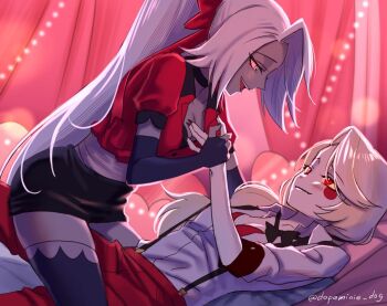 2girls black_bra blonde_hair bow bra bra_peek charlie_morningstar circle_facial_mark colored_sclera colored_skin dopaminie_dog elbow_gloves fingerless_gloves gloves grabbing_another&#039;s_breast grey_hair grey_skin groping guided_breast_grab guiding_hand hair_bow hazbin_hotel hellaverse lying miniskirt multiple_girls on_back pink_sclera ponytail red_bow red_bra red_eyes skirt straddling suspenders thighhighs underwear vaggie white_skin yellow_eyes yellow_sclera yuri