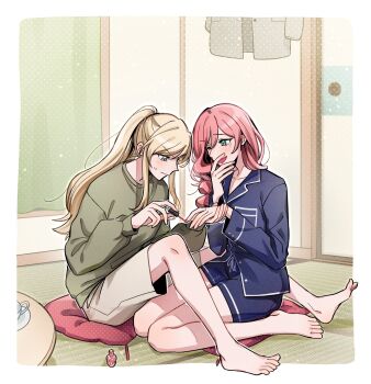 2girls :d applying_manicure bak_pep barefoot between_legs blonde_hair blue_eyes blue_jacket blue_shorts blush breast_pocket closed_mouth collarbone collared_jacket commentary_request commission cosmetics cup curtains fusuma green_eyes green_sweater grey_shorts hair_between_eyes hand_on_own_face hands_up highres holding holding_another&#039;s_wrist holding_brush holding_makeup_brush indoors jacket knees_up korean_commentary lapels long_hair long_sidelocks long_sleeves looking_at_another looking_down makeup_brush multiple_girls nail_polish nail_polish_bottle nail_polish_brush notched_lapels on_floor one_eye_closed open_mouth painting_nails pillow pink_hair pocket ponytail puffy_long_sleeves puffy_sleeves saucer second-party_source shorts shoujo_kageki_revue_starlight shoujo_kageki_revue_starlight_-re_live- sidelocks single_horizontal_stripe single_tear sitting sitting_on_pillow sliding_doors smile sweatdrop sweater table teacup toes tsuruhime_yachiyo unworn_jacket wariza wavy_hair white_trim window yumeoji_fumi