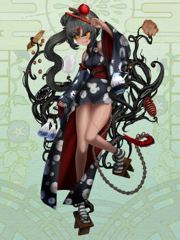 1girl bag bagged_fish black_hair black_kimono black_sclera breasts candy_apple chocolate chocolate_covered colored_sclera dairoku_ryouhei dark-skinned_female dark_skin fish floral_print food full_body geta green_background hair_ornament hairclip highres holding holding_food japanese_clothes kimono licking_lips long_hair mephis_faceless rairai_(tw) shaved_ice small_breasts socks squid standing standing_on_one_leg stitched striped_clothes striped_socks tengu-geta third-party_edit tongue tongue_out wide_sleeves yellow_eyes