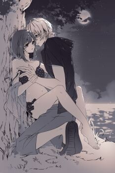 1boy 1girl absurdres arima_kana bare_shoulders bikini blush breasts clothed_sex collarbone feet grabbing_another&#039;s_breast groping hetero highres hoshino_aquamarine if_they_mated implied_sex jacket legs medium_breasts monochrome moon navel night night_sky ocean open_mouth oshi_no_ko outdoors sandals sex short_hair sky stomach straddling strap_slip swimsuit tears thighs toes tree unworn_jacket vaginal