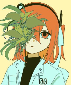 1girl a.i._voice adachi_rei android audio_jack avocado_hamburg black_shirt cable cracked_skin expressionless growing_out_of_body hair_ribbon headlamp hood hood_down hooded_jacket jacket looking_at_viewer medium_hair missing_eye one_side_up orange_eyes orange_hair parted_lips plant portrait radio_antenna ribbon shirt simple_background solo utau white_jacket white_ribbon yellow_background