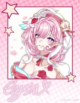 Rule 34 | 1girl, absurdres, beret, breasts, character name, chinese commentary, cleavage, commentary request, diamond-shaped pupils, diamond (shape), dress, earrings, elf, elysia (hi love elf) (honkai impact), elysia (honkai impact), falling petals, hat, heart, heart earrings, highres, honkai (series), honkai impact 3rd, jewelry, large breasts, long hair, looking at viewer, miyoushe watermark, multicolored hair, niluo ni lu, petals, pink hair, pointy ears, purple eyes, red dress, smile, solo, star (symbol), symbol-shaped pupils, two-tone hair, upper body, watermark, white hair