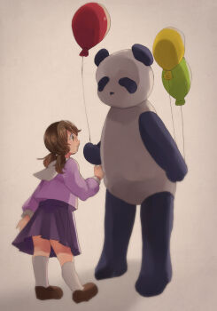 1girl 1other aged_down animal_costume balloon brown_shoes costume from_behind full_body glasses highres kneehighs loafers low_twintails panda panda_costume purple_shirt purple_skirt sailor_collar shirt shoes shukinuko skirt socks touhou twintails usami_sumireko white_socks