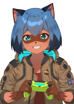 1girl :d animal_ear_fluff animal_ears animal_nose badge blue_hair bob_cut brand_new_animal brown_jacket brown_shirt button_badge claws commentary commentary_request controller cosplay cyberpunk_(series) cyberpunk_2077 dark-skinned_female dark_skin furry furry_female game_console game_controller glowing green_eyes grin hair_between_eyes highres holding holding_controller holding_game_controller imori_(lizzy) jacket kagemori_michiru looking_at_viewer multicolored_hair open_mouth patch playstation_4 raccoon_ears raccoon_girl samurai_jacket_(cyberpunk) shirt short_hair smile solo symbol-only_commentary teeth thick_eyebrows two-tone_hair unzipped upper_body v_(cyberpunk) v_(cyberpunk_2077) v_(cyberpunk_2077)_(cosplay) valerie_(cyberpunk)
