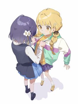 2girls blonde_hair blue_skirt blue_vest blush braid clothes_grab commentary_request flower from_above fujita_kotone full_body gakuen_idolmaster hair_flower hair_ornament hair_ribbon hataya_misuzu hatsuboshi_gakuen_school_uniform highres idolmaster jacket jacket_grab kamin_(monemasu) long_hair long_sleeves looking_at_another multicolored_jacket multiple_girls open_clothes open_jacket plaid_clothes plaid_skirt pleated_skirt purple_hair purple_skirt ribbon school_uniform shirt short_hair simple_background skirt socks sweatdrop tassel tassel_hair_ornament tears twin_braids vest white_background white_shirt yellow_eyes yellow_shirt