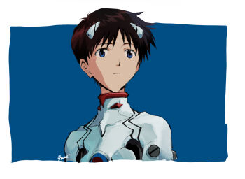Rule 34 | 1boy, black hair, blue background, blue eyes, border, closed mouth, highres, ikari shinji, interface headset (evangelion), male focus, mecha pilot suit, neon genesis evangelion, outside border, plugsuit (evangelion), short hair, signature, simple background, solo, white border, yorumi1117