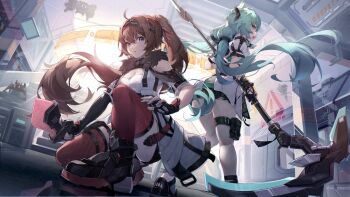 2girls aether_gazer ahoge aqua_hair asc11 black_gloves blue_eyes boots breasts brown_hair chinese_commentary cleavage closed_mouth commentary_request dagger dress elbow_gloves fingerless_gloves floating_hair fur_trim gloves hair_between_eyes highres holding holding_dagger holding_knife holding_scythe holding_weapon indoors jacket knife long_hair looking_at_viewer looking_back medium_breasts multiple_girls on_one_knee open_clothes open_jacket open_mouth osiris_(aether_gazer) ponytail red_legwear scythe shirt shoes single_elbow_glove stairs standing thigh_strap thighhighs twintails verthandi_(aether_gazer) very_long_hair weapon white_dress white_jacket white_shirt