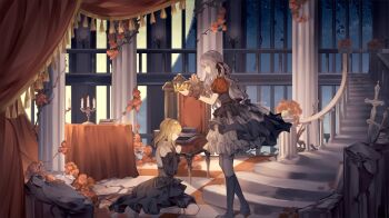 2girls absurdres artist_request bang_dream! bang_dream!_it&#039;s_mygo!!!!! black_dress black_wrist_cuffs blonde_hair blue_hair chair chinese_commentary clothing_cutout commentary_request commission doloris_(bang_dream!) dress highres indoors kneehighs long_hair medium_hair misumi_uika multiple_girls oblivionis_(bang_dream!) railing red_shirt second-party_source shirt shoulder_cutout sidelocks socks stairs table togawa_sakiko white_socks wrist_cuffs