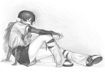 1boy arm_on_knee armor blunt_ends bodysuit bow bridal_gauntlets commentary curled_fingers english_commentary from_side full_body gem genshin_impact greyscale hair_intakes highres japanese_armor japanese_clothes juban kimono knee_up kote kyudred layered_sleeves leg_warmers looking_to_the_side male_focus middle_ring monochrome open_clothes open_kimono rope sandals sash scaramouche_(genshin_impact) short_sleeves shorts sitting solo tassel toes vision_(genshin_impact) wanderer_(genshin_impact) white_background wispy_bangs zouri
