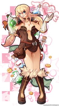 1girl belt belt_pouch blonde_hair blue_eyes blush boots breasts brown_belt brown_boots brown_cape brown_dress cape cleavage coin commentary_request creator_(ragnarok_online) dress full_body fur-trimmed_boots fur_trim gloves heart large_breasts long_hair looking_at_viewer navel open_mouth pink_background plunging_neckline potion pouch ragnarok_online regzo short_dress smile solo standing strapless strapless_dress white_background white_gloves