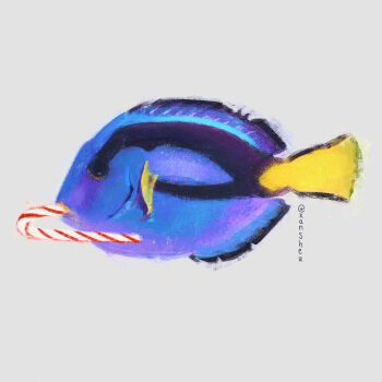 Rule 34 | absurdres, animal, animal focus, candy, candy cane, commentary, english commentary, fish, food, from side, full body, highres, no humans, original, regal blue tang, simple background, white background, xansheu
