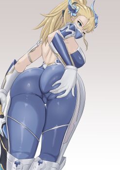 Rule 34 | 1girl, ass, blonde hair, bodystocking pull, bodysuit, breasts, cameltoe, character request, commentary, english commentary, from behind, from below, gloves, grabbing own ass, grey background, highres, impossible bodysuit, impossible clothes, large breasts, long hair, mask, meme, mouth mask, ppoips, propips, ragnarok sinmara, simple background, solo, spreading own ass, taimanin (series), taimanin suit, variant set, white gloves, wilhelmina stretch (meme)