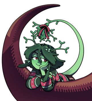 Rule 34 | antennae, black nails, bow, christmas, christmas sweater, colored skin, commentary, crescent, demon girl, demon tail, discount-supervillain, english commentary, green hair, green skin, hair between eyes, highres, long sidelocks, mistletoe, original, red eyes, red ribbon, ribbon, short hair with long locks, sidelocks, smile, sweater, tail, tail bow, tail ornament