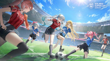 6+girls ball black_shorts black_socks blonde_hair blue_shirt blue_sky breasts carlotta_(wuthering_waves) cartethyia_(wuthering_waves) changli_(wuthering_waves) colored_extremities commentary crown_of_thorns day english_commentary grey_hair hair_extensions hair_ornament hair_rings highres hisiya_(wldn1112) jinhsi_(wuthering_waves) logo long_hair lupa_(wuthering_waves) medium_breasts multiple_girls official_art outdoors pink_hair red_hands red_shirt ring_hair_extensions sanhua_(wuthering_waves) second-party_source shirt shorts sky soccer soccer_ball soccer_uniform socks sportswear thighs twintails wuthering_waves