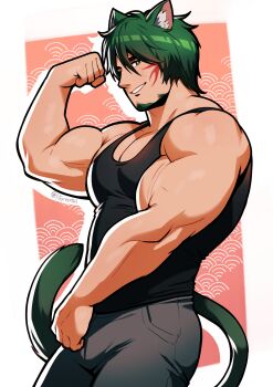 1boy absurdres animal_ears bara biceps black_tank_top cat_boy cat_ears cat_tail character_request check_copyright commission copyright_request cowboy_shot final_fantasy final_fantasy_vii flexing green_hair highres large_pectorals looking_at_viewer male_focus mature_male motion_lines muscular muscular_male nifast_(greentail) pants pectoral_cleavage pectorals profile short_hair solo standing tail tank_top
