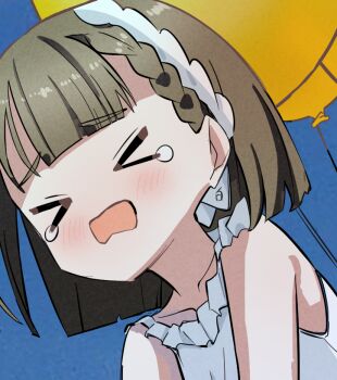 &gt;_&lt; 1girl balloon blue_sky blush braid brown_hair center-flap_bangs commentary_request dress facing_viewer floating frilled_dress frills kachimachi_kosuzu link!_like!_love_live! llb love_live! medium_hair open_mouth outdoors peanut_mouth portrait side_braids sky sleeveless sleeveless_dress solo speech_bubble tearing_up thought_bubble virtual_youtuber white_dress