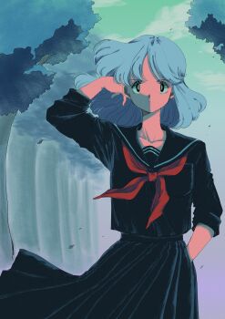 Rule 34 | 1980s (style), 1girl, absurdres, black eyes, black sailor collar, black serafuku, black shirt, black skirt, blue hair, bright pupils, cloud, cloudy sky, collarbone, commentary request, faux retro artstyle, floating clothes, floating hair, green sky, hand in pocket, hand up, high-waist skirt, highres, leaf, long skirt, looking at viewer, neckerchief, official art, oldschool, omitatamio, open mouth, original, outdoors, pleated skirt, red neckerchief, retro artstyle, sailor collar, school uniform, serafuku, shirt, short hair, sidelighting, skirt, sky, solo, straight-on, teeth, three-quarter sleeves, tree, upper body, upper teeth only, white pupils, wispy bangs
