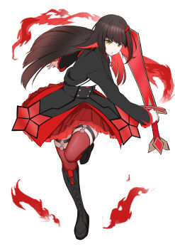 1girl absurdres alternate_color alternate_eye_color alternate_hair_color black_boots black_hair black_jacket black_skirt blunt_ends boots colored_inner_hair commentary_request dark_persona fire floating_hair frilled_skirt frills full_body hair_ornament highres holding holding_sword holding_weapon jacket knee_boots lace-up_boots layered_skirt leg_up legwear_garter lize_helesta lize_helesta_(1st_costume) long_hair long_sleeves looking_at_viewer miniskirt multicolored_hair nijisanji pleated_skirt red_hair red_skirt red_thighhighs simple_background skindentation skirt solo standing standing_on_one_leg streaked_hair sword thighhighs twisted_torso viet_(yomi0556) virtual_youtuber weapon white_background yellow_eyes zettai_ryouiki