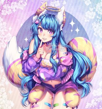 1girl :d animal_ear_fluff animal_ears arm_under_breasts artist_collaboration artist_name bandaid bandaid_on_shoulder bandaid_on_thigh bare_shoulders blue_hair blush border bra breasts cardigan cardigan_partially_removed choker cleavage clothes_writing collarbone commentary commission cowboy_shot diagonal-striped_background english_commentary finger_to_own_chin floral_border grey_background grin hair_between_eyes hair_over_shoulder halo index_finger_raised leaning_forward light_particles long_hair long_sidelocks long_sleeves looking_at_viewer medium_breasts michiroon micro_shorts nail_polish navel open_mouth original outside_border pink_border pink_nails purple_cardigan purple_choker purple_eyes purple_shorts round_border sasucchi95 shorts sidelocks simple_background skirt smile solo standing star_(symbol) star_choker stomach striped_background swept_bangs tail tiger_ears tiger_girl tiger_tail underwear very_long_hair watermark white_bra yellow_halo yellow_tail