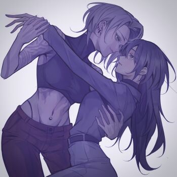 2girls arm_tattoo chief_(path_to_nowhere) closed_mouth collared_shirt crop_top ear_piercing earrings eye_contact female_chief_(path_to_nowhere) greyscale highres jewelry long_hair long_sleeves looking_at_another midriff monochrome multiple_girls navel_piercing okkoooome pants parted_lips path_to_nowhere piercing shirt short_hair sleeveless sleeveless_shirt smile tattoo toned toned_female yuri zoya_(path_to_nowhere)