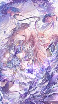 1girl absurdres amphoreus_(honkai:_star_rail) as_i've_written_(honkai:_star_rail) blue_flower blue_rose book bouquet breasts commentary cyrene_(demiurge)_(honkai:_star_rail) cyrene_(honkai:_star_rail) diamond-shaped_pupils diamond_(shape) flower hair_flower hair_ornament highres holding holding_bouquet honkai:_star_rail honkai_(series) large_breasts long_hair mem_(honkai:_star_rail) mobius_strip morse_code_commentary mutuagen pink_flower pink_hair pink_rose pointy_ears purple_eyes rose smile symbol-shaped_pupils very_long_hair