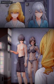 1boy :3 absurdres actualekusu adjutant_(snowbreak) aftersex bare_shoulders black_hair blonde_hair blush breasts brown_hair cleavage cum cum_on_body cum_on_breasts cum_on_upper_body dark-skinned_female dark_skin drill_hair fenny_golden green_eyes grey_hair hair_between_eyes hetero highres implied_after_sex large_breasts long_hair lyfe_bestla multiple_girls nita_(snowbreak) orange_eyes snowbreak:_containment_zone solo sunglasses thighs topless_male yellow_eyes