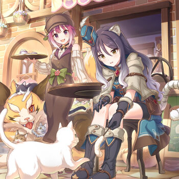 Rule 34 | 3girls, :d, album cover, animal ears, black hair, blush, boots, bow, brown dress, brown eyes, capelet, cat, chair, commentary request, cover, cygames, dress, gradient hair, green bow, grey capelet, grey sweater, highres, indoors, knee boots, lapels, leaning forward, long dress, long hair, long sidelocks, long sleeves, looking at viewer, monika weisswind, monika weisswind (cafe), multicolored hair, multiple girls, notched lapels, off-shoulder sweater, off shoulder, official art, on chair, open mouth, parted lips, pink eyes, princess connect!, red hair, ribbed sweater, shiori (princess connect!), shiori (ranger) (princess connect!), sidelocks, sitting, smile, standing, sweater, tail, tamaki (cafe) (princess connect!), tamaki (princess connect!), tiger, tiger ears, tiger girl, tiger tail, white hair