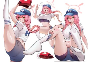1girl absurdres adjusting_clothes adjusting_sock ass ball baseball_(object) baseball_cap baseball_glove baseball_uniform blue_archive blue_hat blue_shorts braid breasts commentary green_eyes half-closed_eyes halo hanako_(blue_archive) hat highres holding holding_ball large_breasts leg_up long_hair looking_at_viewer midriff navel pink_hair pink_halo pumiss running see-through_clothes see-through_shorts shorts simple_background socks soles sportswear sweat thighs twin_braids untranslatable_commentary very_long_hair white_background white_socks