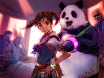 Rule 34 | 1girl, 3boys, arm sling, arm wrap, bag, bald, bangle, biting, black hair, bracelet, facepalm, formal clothes, game cg, hand on another's arm, hand on own hip, hand wraps, jewelry, kawano takuji, ling xiaoyu, looking at viewer, looking back, mishima heihachi, multiple boys, nail biting, official art, on bed, panda, panda (tekken), pleated skirt, satchel, school uniform, serafuku, short twintails, skirt, suit, sunglasses, sweat, tekken, tekken 4, twintails