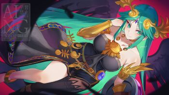 1girl ancient_greek_clothes armet bare_shoulders black_dress black_thighhighs black_wings blush breasts chain circlet closed_mouth collarbone dress forehead_jewel gold_chain greco-roman_clothes green_eyes green_hair hair_ornament jewelry kid_icarus large_breasts laurel_crown long_hair looking_at_viewer nintendo palutena single_thighhigh smile solo strapless strapless_dress super_smash_bros. thighhighs vambraces very_long_hair watermark white_dress wings yasaikakiage