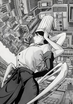 1girl apron arthropod_limbs black_gloves black_hair blood blood_drip blood_from_mouth bloody_tears chainsaw_man chef chef_hat closed_eyes commentary disembodied_head elbow_gloves english_commentary extra_arms falling_devil_(chainsaw_man) flat_top_chef_hat gloves greyscale hat highres holding_detached_head long_arms mithamaito monochrome nosebleed severed_head short_hair solo waist_apron