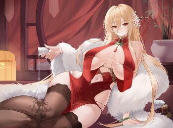 1girl absurdres azur_lane blonde_hair breast_curtains breasts china_dress chinese_clothes clothing_cutout collared_halterneck commentary_request cup dress drinking_glass feather_boa flower full_cleavage guagua_wa_dvb hair_between_eyes hair_flower hair_ornament highres holding holding_cup implacable_(azur_lane) implacable_(her_beauty_runneth_over)_(azur_lane) lace lace-trimmed_thighhighs lace_trim large_breasts long_hair_between_eyes looking_at_viewer navel navel_cutout neck_tassel official_alternate_costume panty_straps pouring pouring_onto_self red_dress red_eyes revealing_clothes sitting smile solo tassel thighhighs yokozuwari