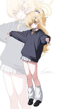 1girl ahoge alternate_costume alternate_hairstyle black_shoes black_sweater blonde_hair blue_archive blue_scrunchie blush collared_shirt different_zoom_layer double_gyaru_v full_body grey_skirt gyaru_v hair_ornament hairclip halo highres loafers long_hair long_sleeves looking_at_viewer loose_socks necktie one_eye_closed parted_lips pleated_skirt ponytail scrunchie shirt shoes signature sirin_(sirin_8_8) skirt socks solo sweater tongue tongue_out v white_shirt white_socks x_hair_ornament yellow_halo yellow_necktie yoshimi_(blue_archive)