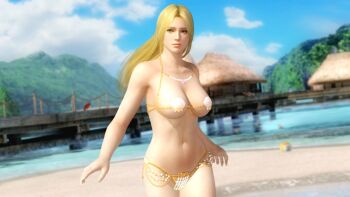 1girl 3d ball beach bikini blonde_hair blue_eyes breasts cleavage dead_or_alive dead_or_alive_5 female_focus godfather_bikini helena_douglas highres large_breasts long_hair midriff navel ocean official_art shell shell_bikini solo swimsuit tecmo underboob