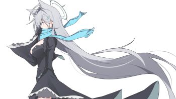 Rule 34 | 1girl, absurdres, animal ear fluff, animal ears, black choker, black dress, black halo, blue archive, blue scarf, breasts, broken halo, choker, cross, cross hair ornament, dress, extra ears, grey hair, hair ornament, halo, highres, inverted cross, large breasts, long hair, mmhomm, scarf, shiroko terror (blue archive), solo, white background, wolf ears, wolf girl