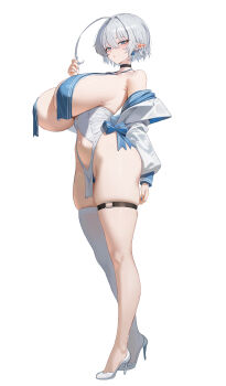 1girl ahoge anima_(togashi) bare_shoulders black_choker blue_eyes blue_nails blush breast_curtains breasts choker clothing_cutout commentary earrings elf full_body high_heels highres huge_breasts jewelry long_sleeves looking_at_viewer mole mole_on_breast mole_under_eye nail_polish naofilia_(anima) navel navel_cutout off_shoulder original parted_lips pelvic_curtain pointy_ears shoes short_hair simple_background single_thighhigh solo standing symbol-only_commentary thigh_strap thighhighs thighs white_background white_hair white_shoes white_thighhighs