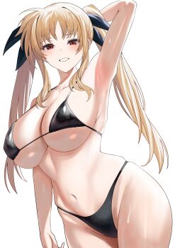1girl absurdres arm_behind_head armpits bikini black_bikini black_ribbon blonde_hair breasts collarbone commentary fate_testarossa grin hair_ribbon highres huge_breasts long_hair looking_at_viewer lyrical_nanoha mahou_shoujo_lyrical_nanoha_strikers navel red_eyes ribbon si_farid smile solo swimsuit teeth thighs twintails very_long_hair