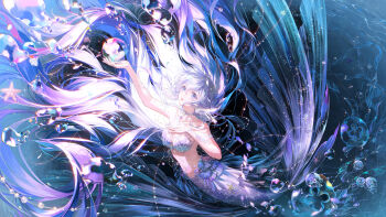 1girl absurdly_long_hair absurdres artist_request bare_shoulders bikini blue_eyes blue_scales blue_tail bubble circlet clam fins fish_tail floating_hair full_body gem grey_hair hair_between_eyes hand_on_own_chest head_fins highres jellyfish light_particles long_hair looking_at_object music neck nikki_(series) nixie_(shining_nikki) official_art official_wallpaper open_mouth pearl_(gemstone) purple_bikini second-party_source shell shell_bikini shining_nikki singing solo sound_of_tide's_reverie_(shining_nikki) sparkle starfish stomach swimsuit tail underwater underwear very_long_hair