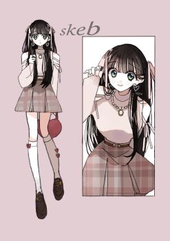 1girl bag black_hair brown_skirt closed_mouth commission earrings green_eyes heart heart_earrings highres holding holding_bag jewelry long_hair multiple_views necklace original pink_background plaid_clothes plaid_skirt red_bag shoes simple_background skeb_commission skirt smile socks white_socks yasu_urayaka