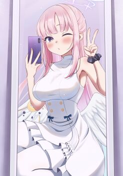 1girl absurdres angel_wings black_scrunchie blue_archive blush breasts buttons cellphone closed_mouth collarbone commentary crescent dress feathered_wings flower gradient_hair hair_flower hair_ornament halo highres holding holding_phone large_breasts long_hair looking_at_viewer low_wings mika_(blue_archive) mirror mirror_selfie multicolored_hair one_eye_closed panda_90321 phone pink_hair pink_halo purple_eyes purple_flower reflection reflection_focus scrunchie selfie simple_background sleeveless sleeveless_dress smartphone smile solo very_long_hair white_background white_dress white_wings wing_ornament wings wrist_scrunchie yellow_eyes