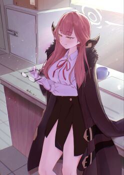 1girl aru_(blue_archive) black_skirt blue_archive blunt_bangs blush buttons cho_ss_1 coat coat_on_shoulders collared_shirt computer cowboy_shot cup curved_horns demon_girl demon_horns desk double-breasted dress_shirt eyelashes fur-trimmed_coat fur_trim glasses hair_on_horn halo high-waist_skirt highres holding holding_removed_eyewear horns indoors laptop light_smile long_hair long_sleeves looking_at_viewer mug neck_ribbon office open_mouth pink_hair pink_halo red_ribbon ribbon safe_(container) school_uniform shirt skirt smile smug solo tsurime twitter_username unworn_eyewear v-shaped_eyebrows white_shirt yellow_eyes