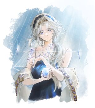 1girl ball bare_arms bare_shoulders beryl_bouanich black_hairband blue_background blue_dress blue_eyes border closed_mouth crystal crystal_ball crystallization dabaek dress fading_border grey_hair hairband hand_on_own_chest hands_up head_tilt holding holding_ball long_hair looking_at_viewer low_ponytail parted_bangs ponytail reverse:1999 shawl sleeveless sleeveless_dress smile solo spaghetti_strap upper_body white_shawl