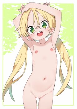 1girl armpits arms_up bad_tag bar_censor blush censored completely_nude cowboy_shot female_focus flat_chest glasses green_eyes happy legs loli long_hair looking_at_viewer made_in_abyss nassukun navel nipples nude open_mouth pussy riko_(made_in_abyss) smile solo standing stomach teeth thighs twintails upper_teeth_only