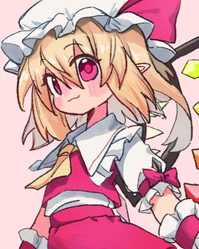 Rule 34 | 1girl, 9302w (user wjpg8475), :3, ascot, blonde hair, blush stickers, bow, closed mouth, collared shirt, cowboy shot, eyes visible through hair, film grain, flandre scarlet, flat chest, frilled sleeves, frilled wrist cuffs, frills, hair between eyes, hat, hat bow, medium hair, mob cap, pink background, pink bow, pink eyes, pink skirt, pink vest, pink wrist cuffs, pointy ears, puffy short sleeves, puffy sleeves, shirt, short sleeves, simple background, skirt, sleeve slit, smile, solo, touhou, vest, white hat, white shirt, wings, wrist cuffs, yellow ascot