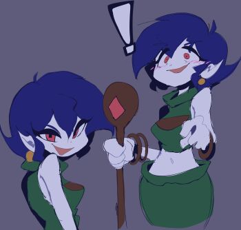 ! 1girl 2023 :d baggy_pants ball_earrings bare_shoulders blue_background blue_hair bob_cut bracelet breasts collarbone colored_skin commentary constricted_pupils contrapposto doukutsu_monogatari earrings energy english_commentary feet_out_of_frame female_focus green_hoodie green_pants grey_background highres holding holding_staff hood hoodie jewelry looking_at_viewer medium_breasts midriff misery_(cave_story) multiple_expressions open_mouth pants pointy_ears red_eyes shammah sideboob simple_background sleeveless sleeveless_hoodie smile solo spoken_exclamation_mark spoken_expression staff standing surprised white_skin