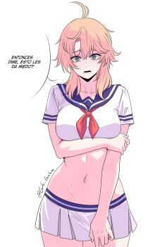 1girl absurdres antenna_hair blonde_hair blue_sailor_collar breasts chainsaw_man commentary famine_devil_(chainsaw_man) gratam green_eyes highres long_hair looking_at_viewer lower_teeth_only medium_breasts midriff miniskirt navel neckerchief official_alternate_costume open_mouth pleated_skirt red_neckerchief ringed_eyes sailor_collar shirt short_sleeves simple_background skirt spanish_text speech_bubble stomach teeth translation_request twitter_username white_background white_shirt white_skirt
